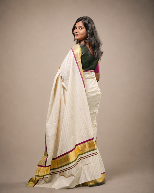Enteloom Cotton Kerala Saree with Green Maroon and golden stripes