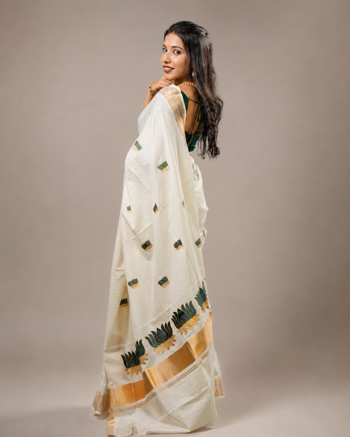 Enteloom Cotton Kerala Saree with heavy Lotus Embroidery works and stripes