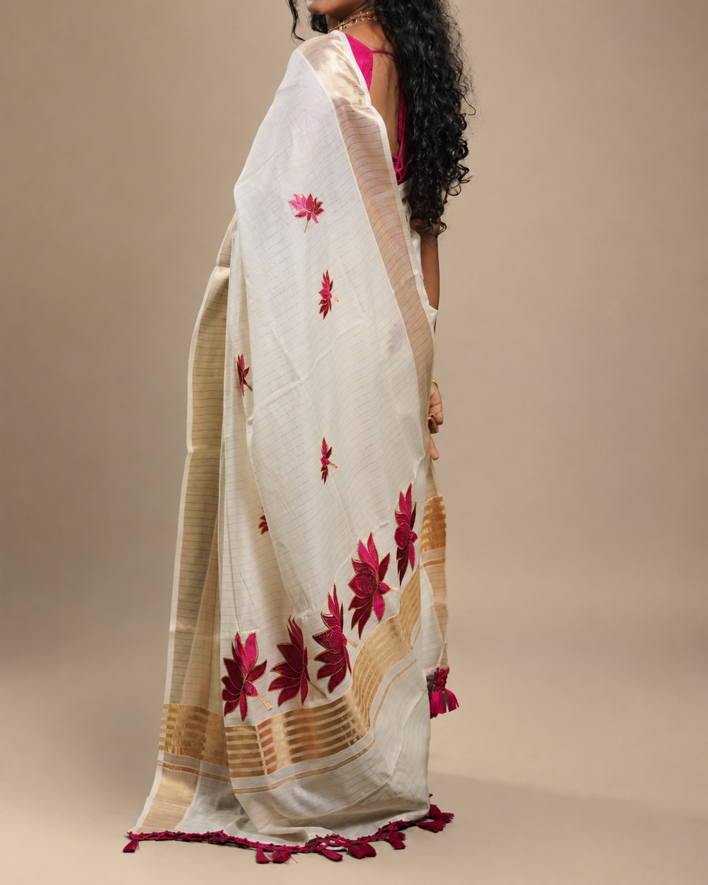 Enteloom Cotton Kerala Saree with heavy Maroon Lotus Embroidery works and stripes