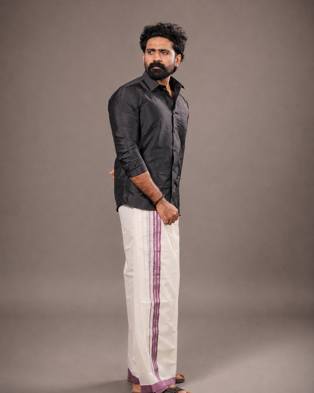 Enteloom Fancy Double Mundu with Maroon And Silver Kara
