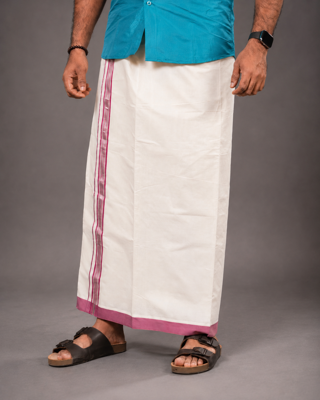 Enteloom Fancy Double Mundu with Pink And Silver Kara