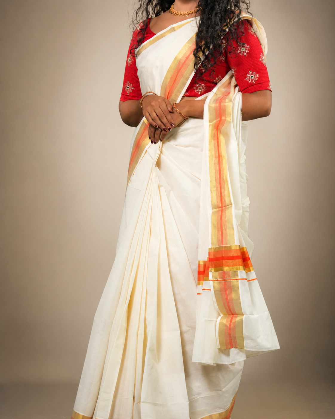 Enteloom Kerala Cotton Kasavu Saree In Orange And Golden Border
