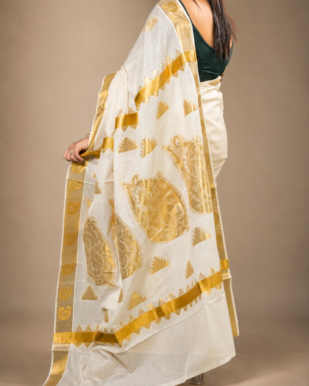 Enteloom Pure Cotton Kerala Kasavu Saree with Krishna pattern threaded with golden colour thread and Temple Border
