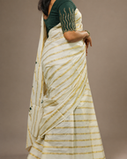 Enteloom Kerala Cotton Kasavu Saree with Green Peacock Embroidery Works on Body