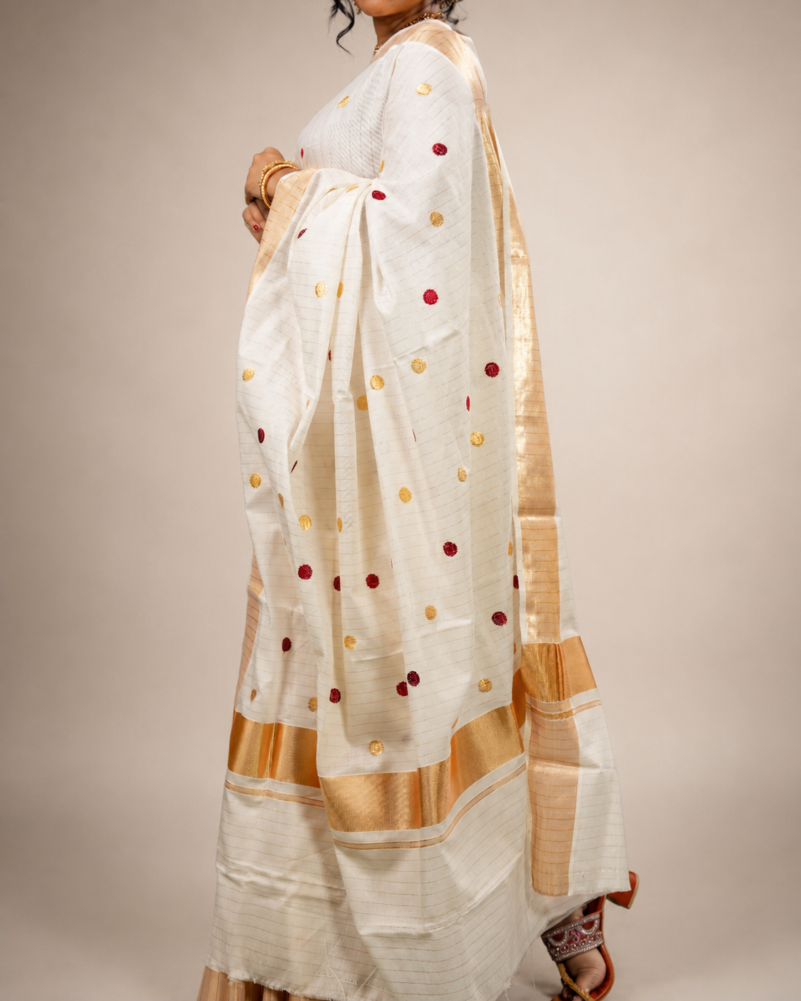 Enteloom Kerala Cotton Kasavu Saree with Maroon and Golden Polka Dots Embroidery Works on Body