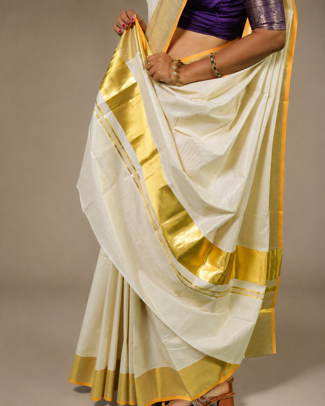 Enteloom Kerala Cotton Kasavu Saree with Orange Border Line