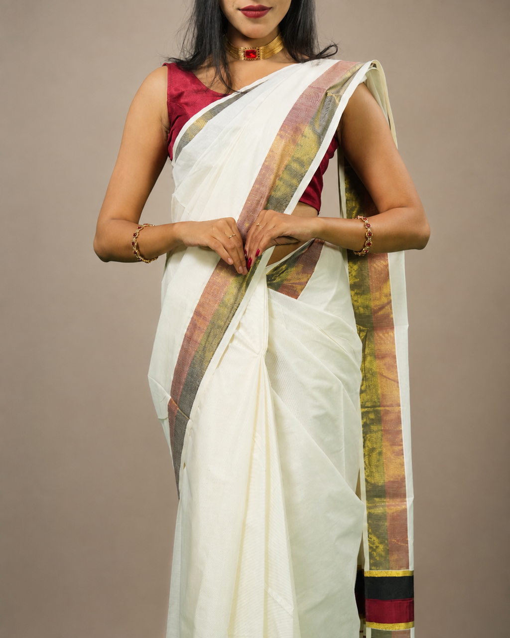 Enteloom Kerala Cotton Kasavu Saree with Black And Maroon Border