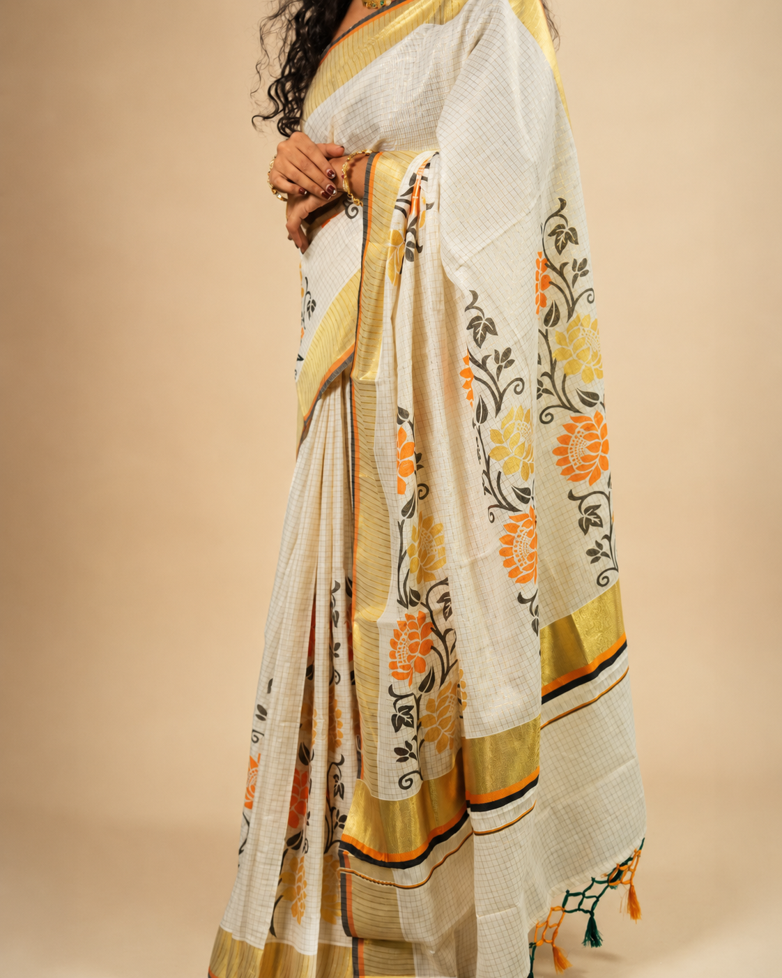 Enteloom Kerala Cotton Kasavu Saree with Floral Print, Black And Orange Border