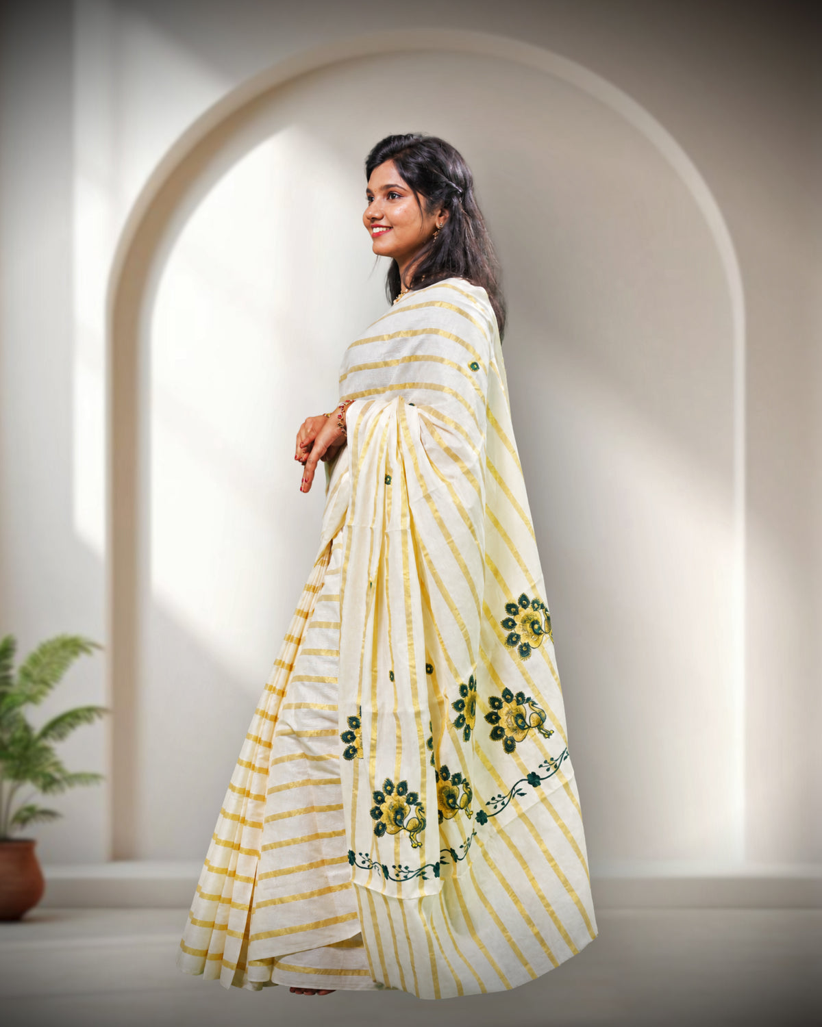 Enteloom Kerala Cotton Kasavu Saree with Green Peacock Embroidery Works on Body