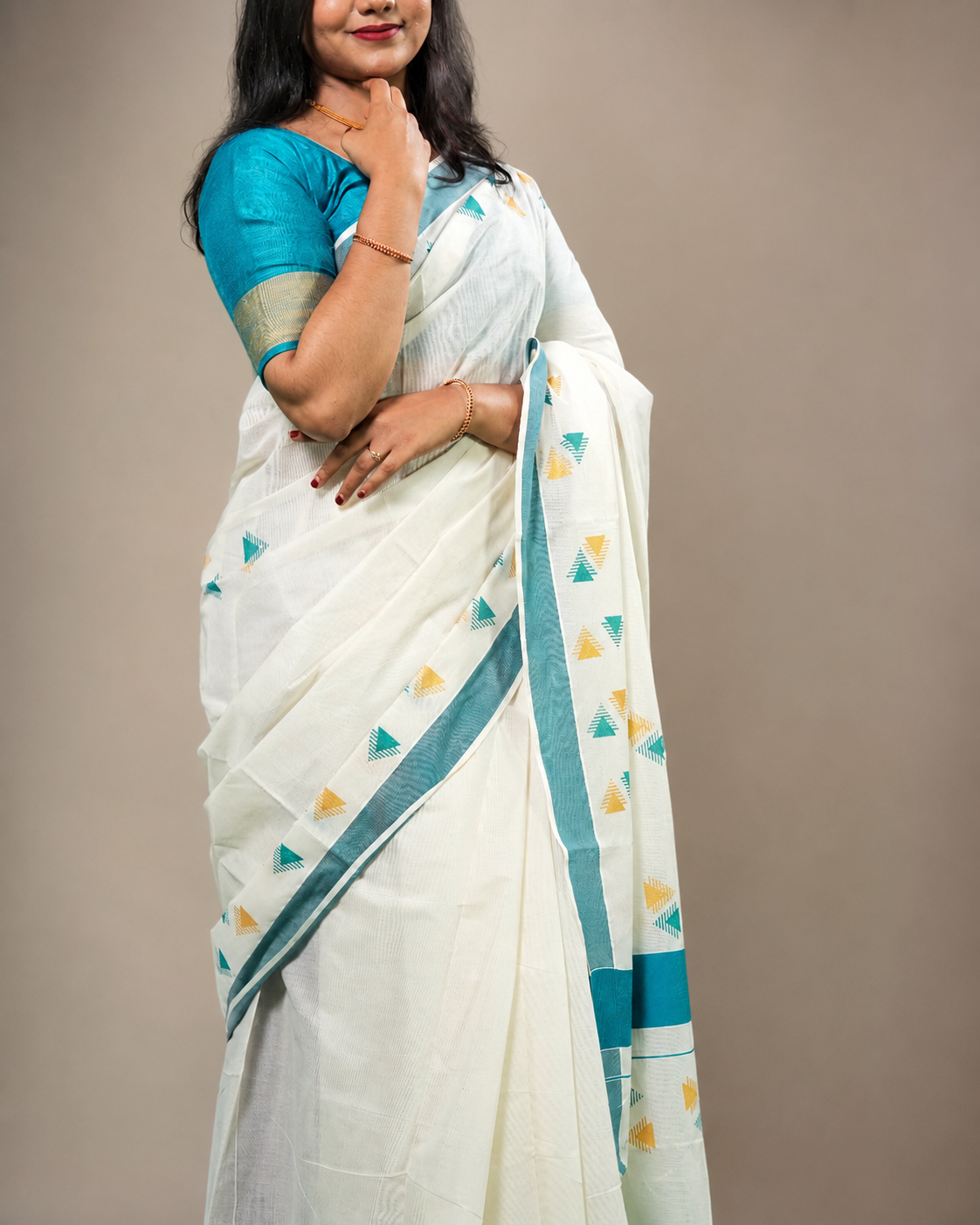Enteloom Kerala Cotton Saree with Cyan And Golden Print, Cyan Border