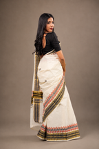 Enteloom Kerala Cotton Saree with Orange And Black Print, Golden And Black Border