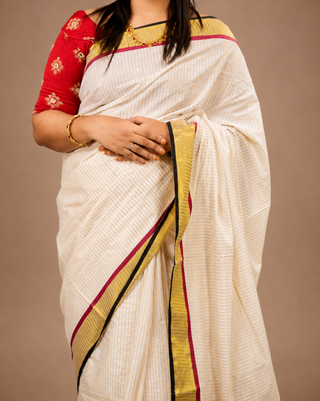 Enteloom Kerala Saree Pure Cotton With stripe, Red and Black Border