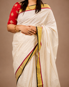 Enteloom Kerala Saree Pure Cotton With stripe, Red and Black Border