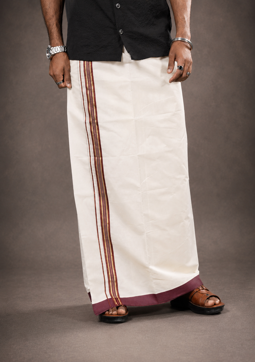 Enteloom Fancy Double Mundu with Maroon And Gold Kara