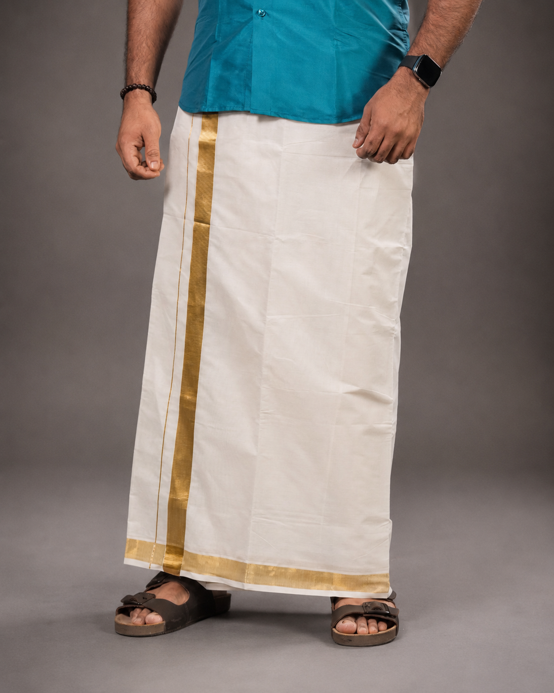 Enteloom 1 1/2 inch Gold Kerala Pure Cotton Double Mundu