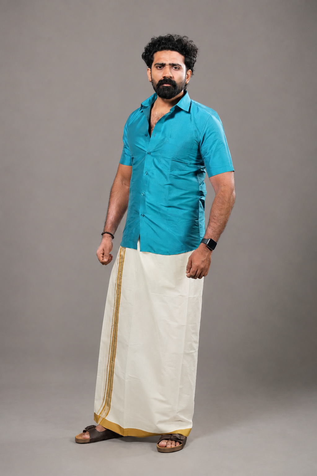 Enteloom purecotton Kerala Double Mundu with silver and colour kara