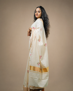 Enteloom Kerala Cotton Saree with Floral Embroidery Works and Golden Stripes