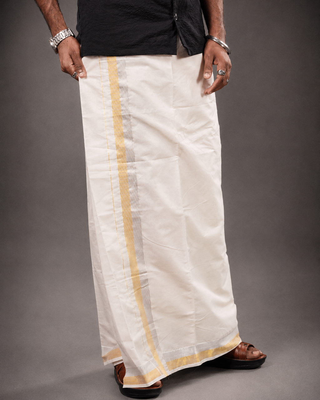 Enteloom Gold Silver Vari Kerala Pure Cotton Double Mundu