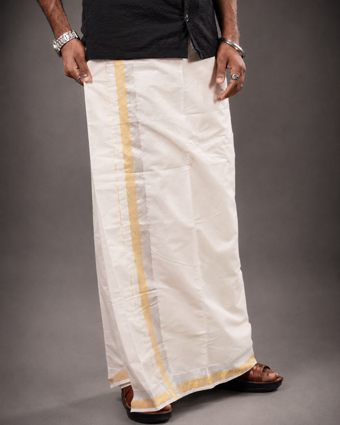 Enteloom Gold Silver Vari Kerala Pure Cotton Double Mundu