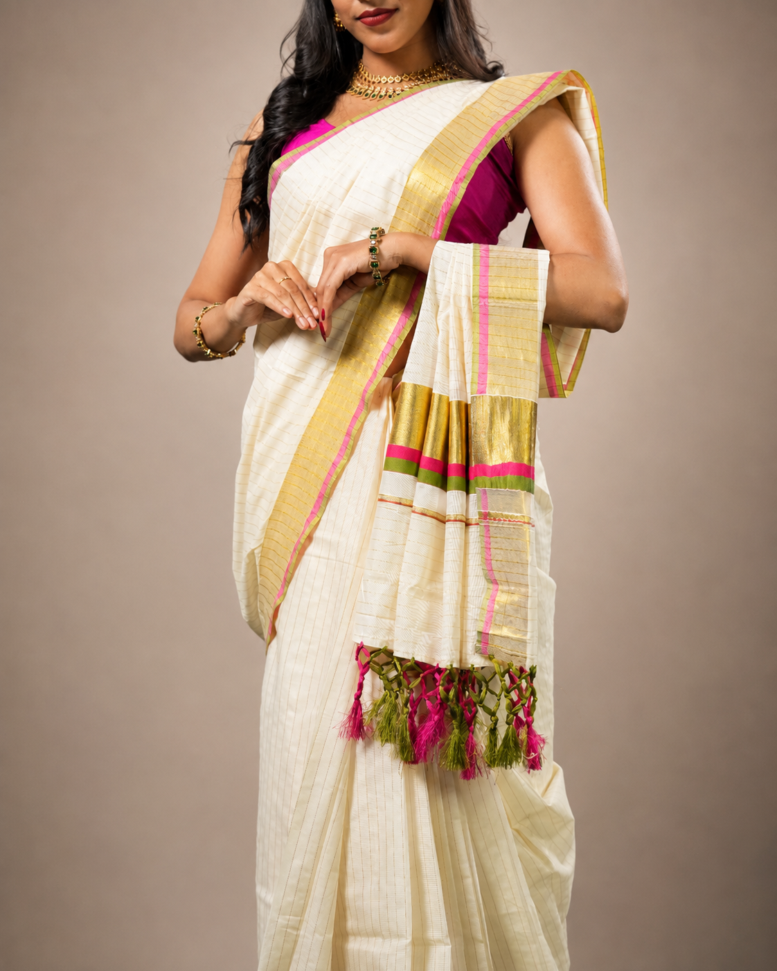 Enteloom Kerala Cotton Saree with Checks, Golden, Pink And Green Border