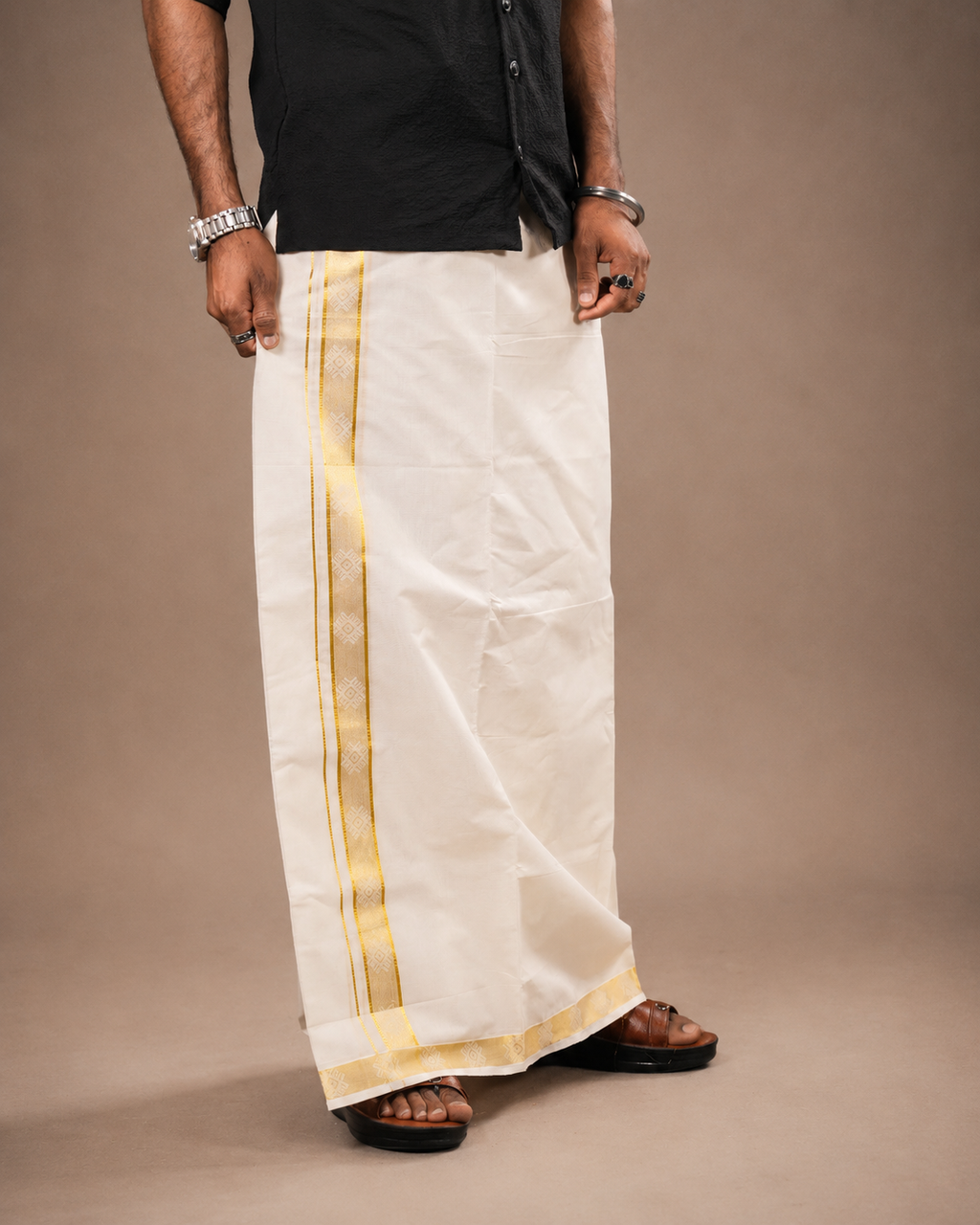 Enteloom Unakkupaavu Handloom Kasavu Double Mundu (80x80) with Jacquard Kasavu Design Border