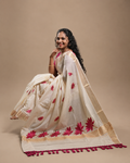 Enteloom Cotton Kerala Saree with heavy Maroon Lotus Embroidery works and stripes