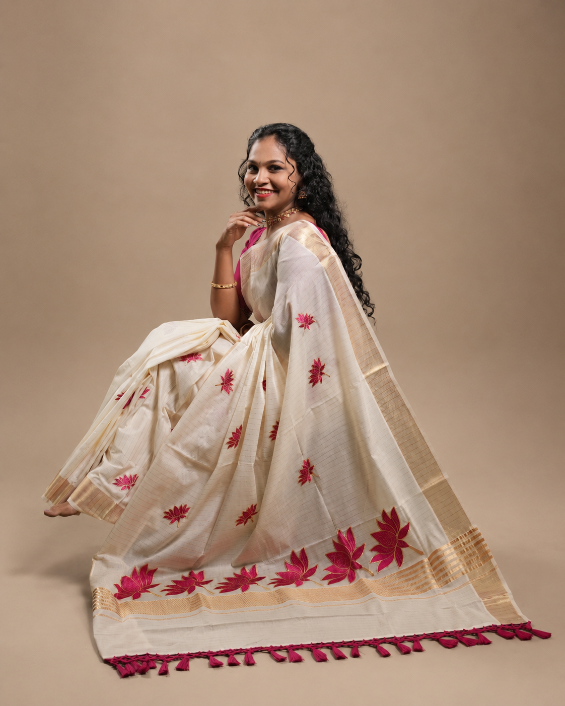 Enteloom Cotton Kerala Saree with heavy Maroon Lotus Embroidery works and stripes