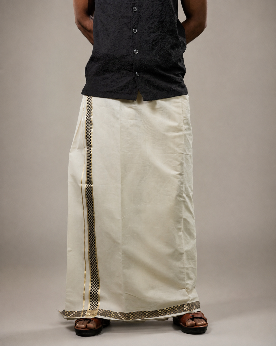 Enteloom Unakkupaavu Handloom Kasavu Double Mundu (100x100) with Jacquard Kasavu Design Gold And Black Border