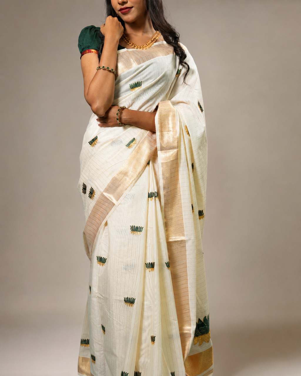 Enteloom Cotton Kerala Saree with heavy Lotus Embroidery works and stripes