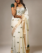 Enteloom Cotton Kerala Saree with heavy Lotus Embroidery works and stripes