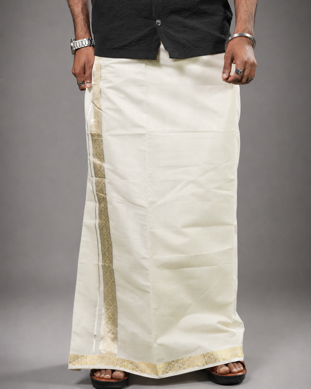 Enteloom Unakkupaavu Handloom Kasavu Double Mundu (100x100) with Jacquard Kasavu Design Gold Border