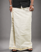 Enteloom Unakkupaavu Handloom Kasavu Double Mundu (100x100) with Jacquard Kasavu Design Gold Border