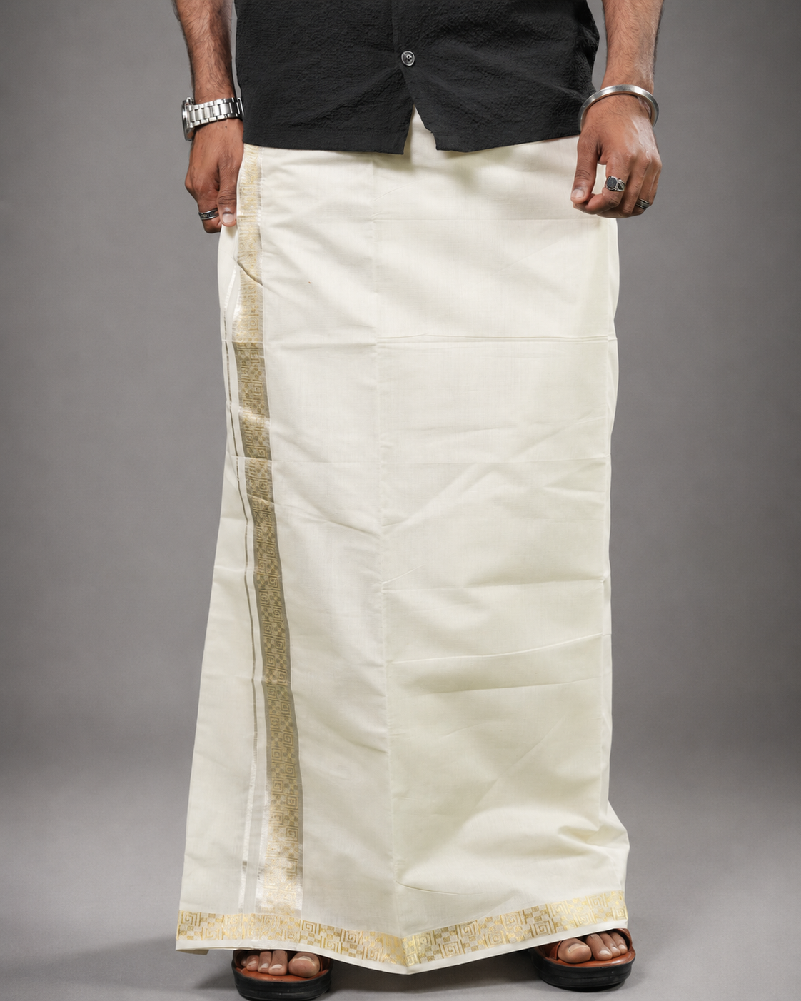 Enteloom Unakkupaavu Handloom Kasavu Double Mundu (100x100) with Jacquard Kasavu Design Gold Border