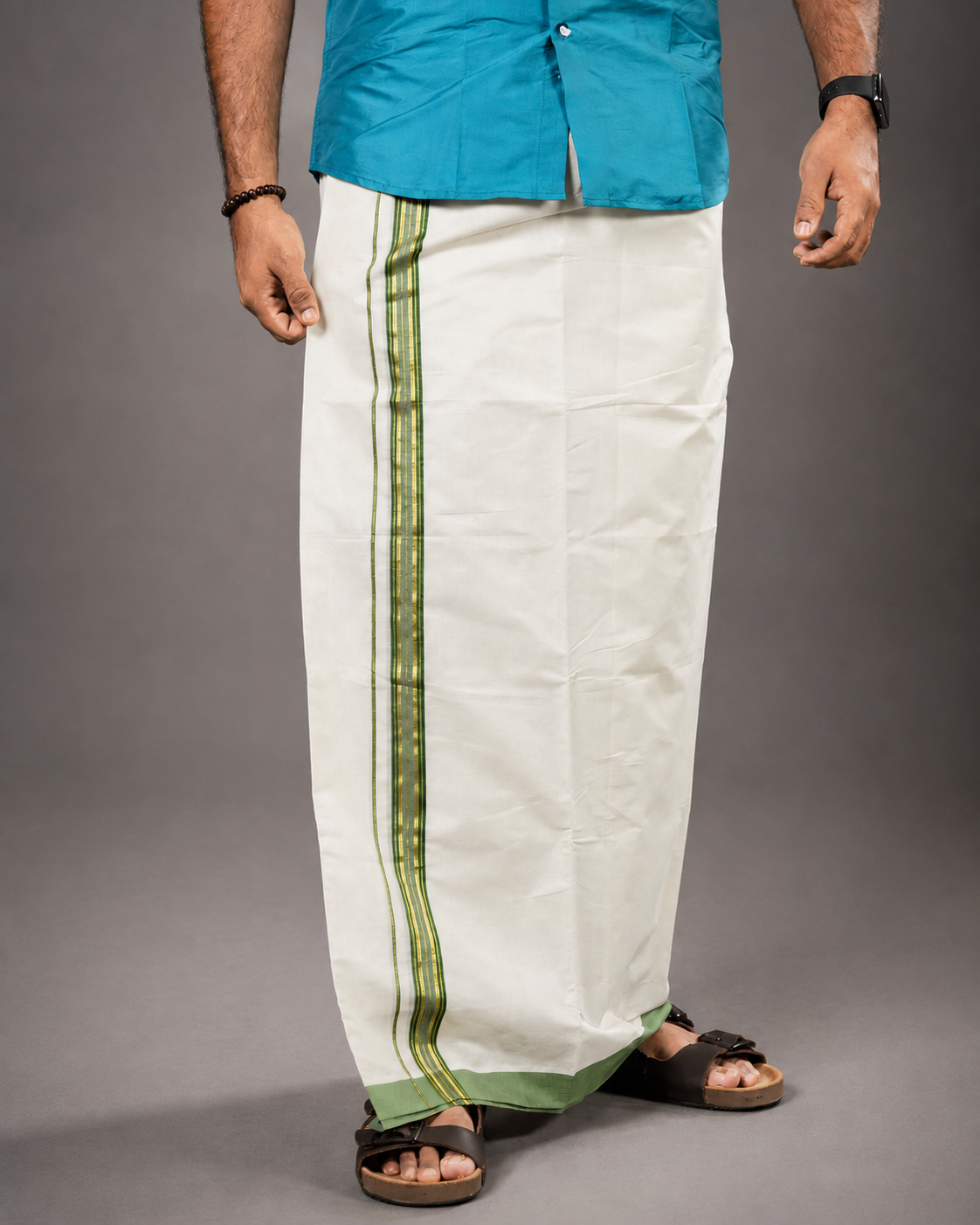 Enteloom Fancy Double Mundu with Green, Gold And Silver Kara