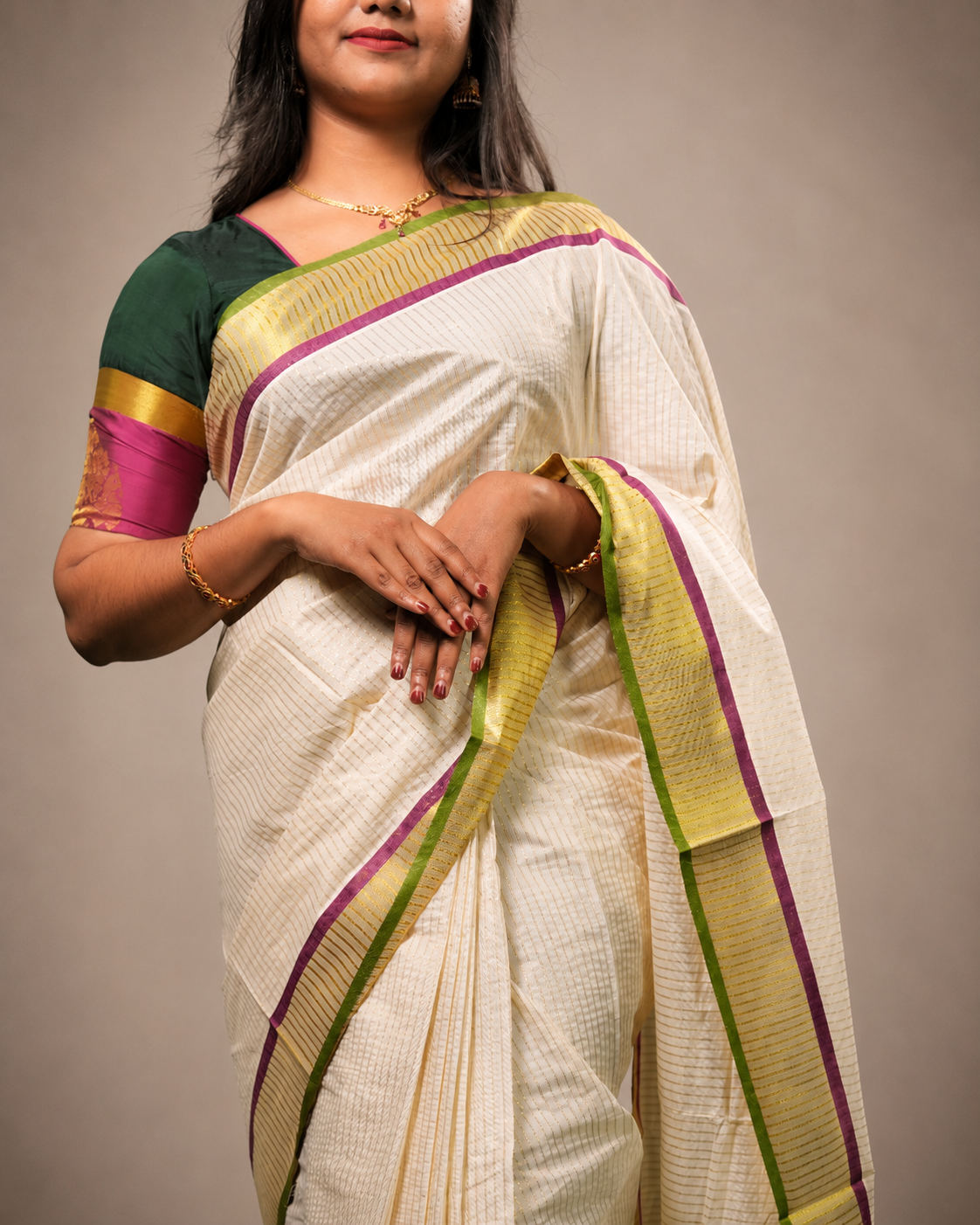 Enteloom Cotton Kerala Saree with Green Maroon and golden stripes
