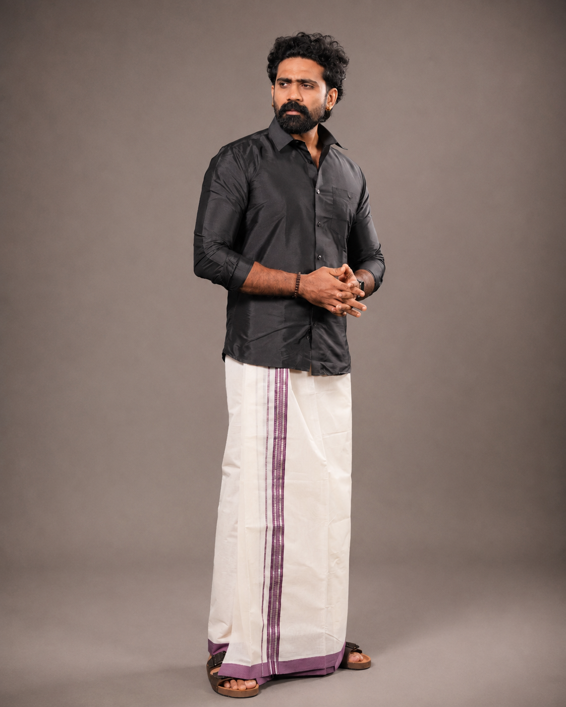 Enteloom Fancy Double Mundu with Maroon And Silver Kara
