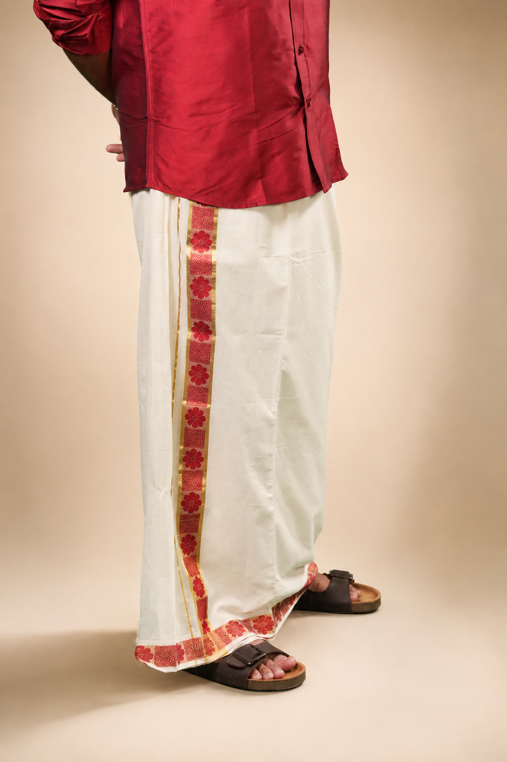 Enteloom Unakkupaavu Handloom Kasavu Double Mundu (100x100) with Jacquard Kasavu Design Gold And Colour Border ( Red )