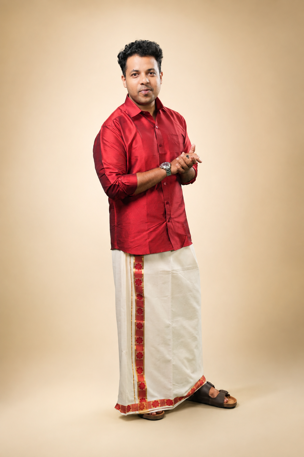 Enteloom Unakkupaavu Handloom Kasavu Double Mundu (100x100) with Jacquard Kasavu Design Gold And Colour Border ( Red )