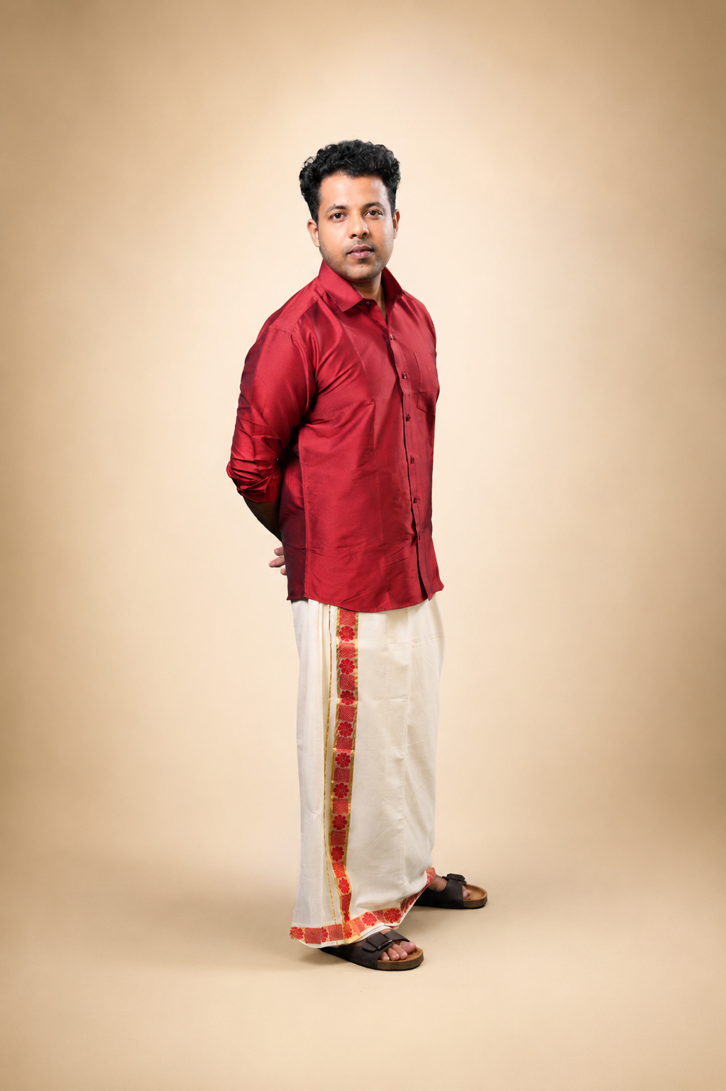 Enteloom Unakkupaavu Handloom Kasavu Double Mundu (100x100) with Jacquard Kasavu Design Gold And Colour Border ( Red )