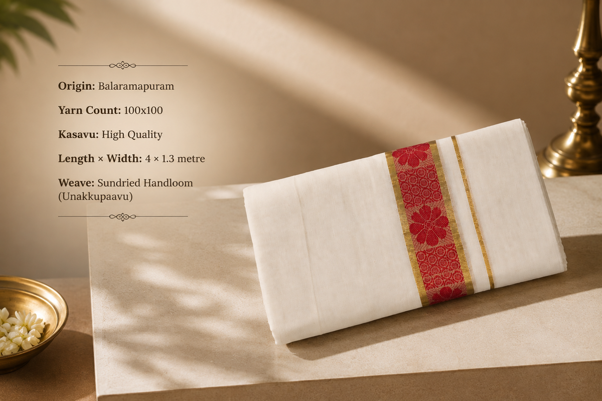 Enteloom Unakkupaavu Handloom Kasavu Double Mundu (100x100) with Jacquard Kasavu Design Gold And Colour Border ( Red )
